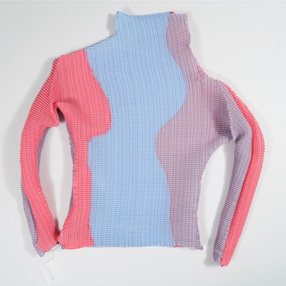 Issey Miyake Mainline Pleated Long Sleeve High Neck Top 2 Blue Pink IM58FJ187 - Picture 3 of 13